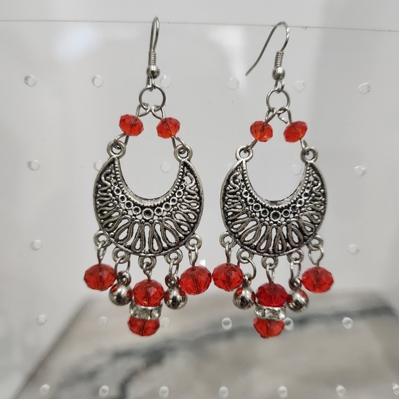 Bohemian Silver Crescent Earrings with Red Faceted Bead Drops - Picture 2 of 4